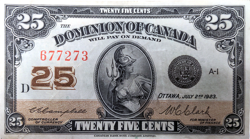 1923 Twenty-five cent Canadian Banknote